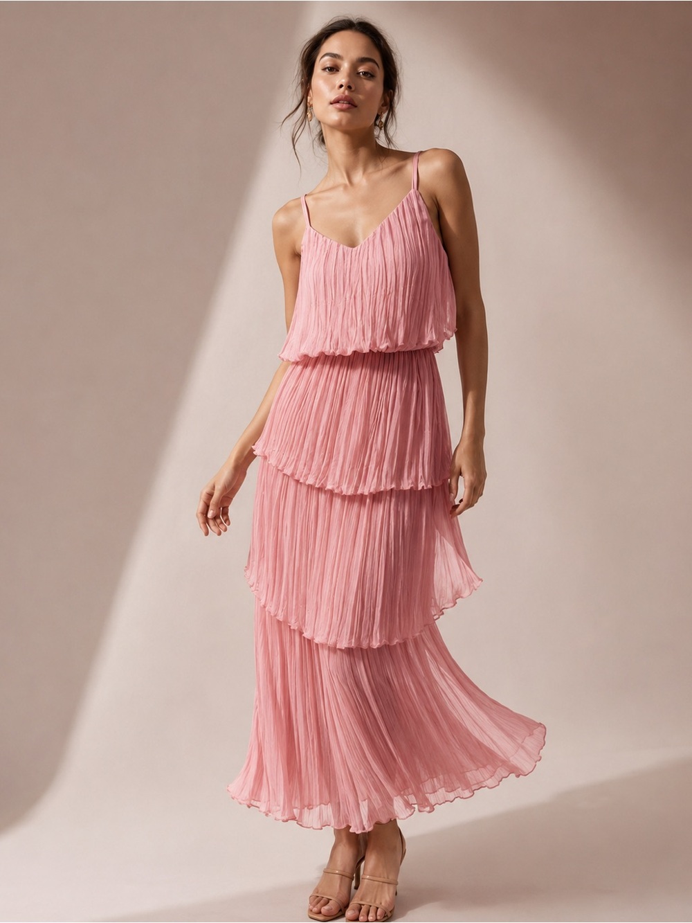 ZARA Pleated Ruffled / Layered Spaghetti Strap Dress. S NWT